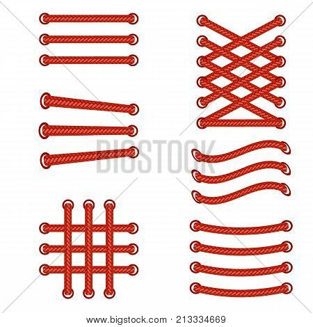 Set of red shoelace isolated on white background