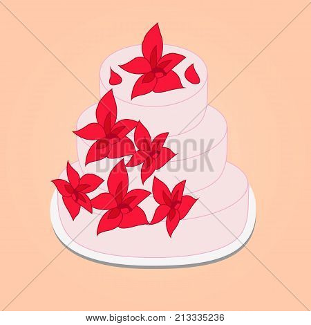 wedding cake with red flowers on a beige background
