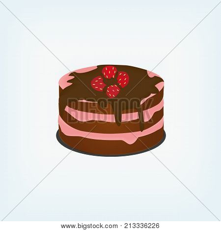 chocolate cake with strawberries on a plate on a light blue background