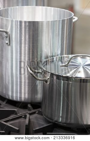 Metal stainless steel pan on a kitchen stove