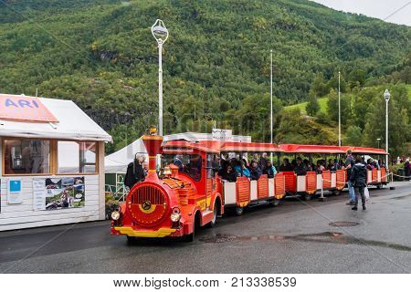 Flam Norway - September 6 2017: Flam is a village in Flamsdalen at the inner end of the Aurlandsfjorden a branch of Sognefjorden. The village is located in the municipality of Aurland in Sogn og Fjordane county Norway.