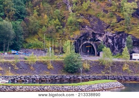 Flam Norway - September 6 2017: Flam is a village in Flamsdalen at the inner end of the Aurlandsfjorden a branch of Sognefjorden. The village is located in the municipality of Aurland in Sogn og Fjordane county Norway.