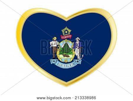 Flag of the US state of Maine. American patriotic element. USA banner. United States of America symbol. Mainer official flag in heart shape isolated on white background. Golden frame. Vector