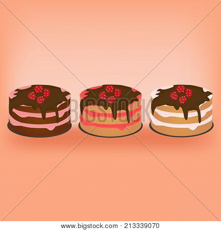 three cakes with chocolate icing and strawberries