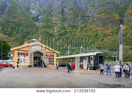 Flam Norway - September 6 2017: Flam is a village in Flamsdalen at the inner end of the Aurlandsfjorden a branch of Sognefjorden. The village is located in the municipality of Aurland in Sogn og Fjordane county Norway.
