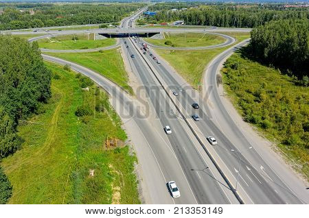 Tyumen, Russia - August 3, 2016: Bird eye view onto outcome of roads on Irbit path with bypass way