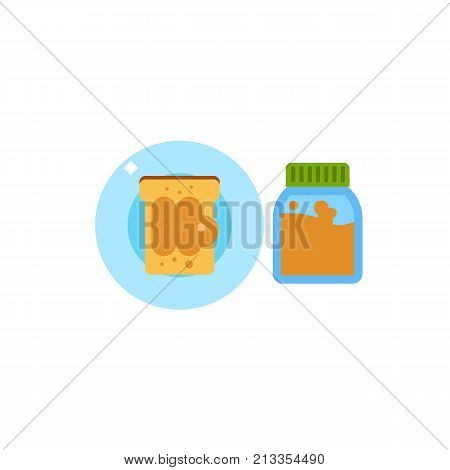 Vector icon of peanut butter in jar and sandwich on plate. Breakfast, snack, spread. Nuts concept. Can be used for topics like food, healthy eating, nutrition