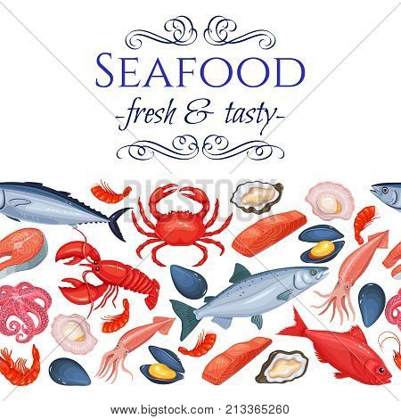 Seamless border seafood products page design with mussel, fish salmon, shrimp. Lobster, squid, octopus, scallop, lobster, craps, mollusk, oyster, alfonsino and tuna for product market.