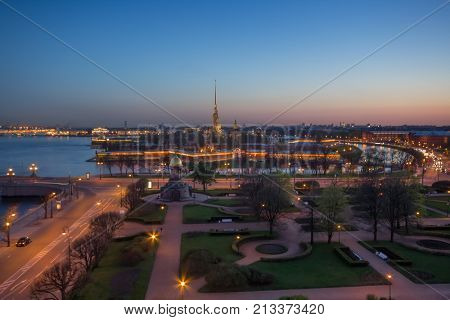 Trinity Square, Peter and Paul Fortress, Neva river at night in St. Petersburg, Russia