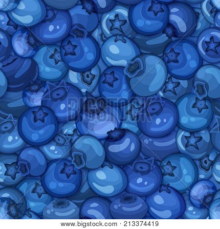 Ripe juicy black blueberry seamless background. Vector card illustration. Closely spaced fresh berry. Blueberries pattern for packaging design food, juice jam ice cream, smoothies, detox, cosmetics