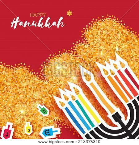 Colorful Origami Happy Hanukkah Greeting card on gold glitter background. Hanuka juish vector illustration. jewish menorah. Hanuka candles symbol.