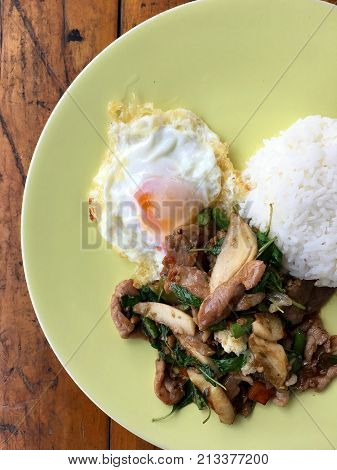 Thai Spicy Food Basil Pork Fried Rice Recipe (krapao Gai) With Fried Egg In Green Plate On Wooden Ba