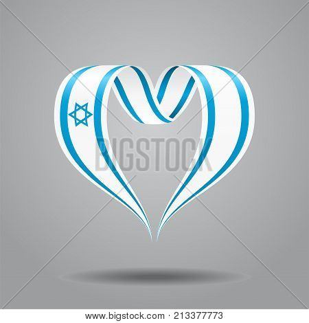 Israeli flag heart-shaped wavy ribbon. Vector illustration.