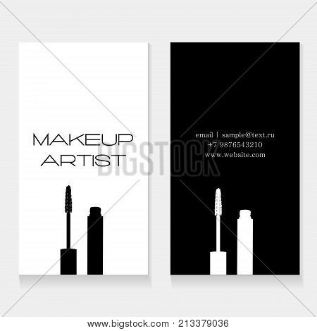 Makeup Artist Business Card. Vector Template With Makeup Items: Mascara Brush And Mascara Tube On Wh