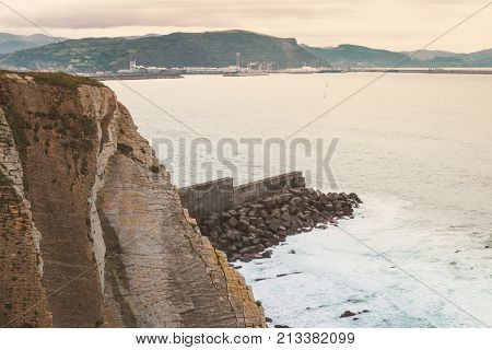 A top view on the beach of Getxo of the Atlantic ocean in Bilbao on the North of Spain.