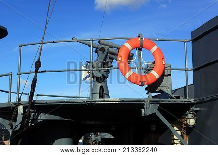 St. Petersburg, Russia - October 27, 2012: 76.2-mm anti-aircraft gun system Lander on the cruiser 