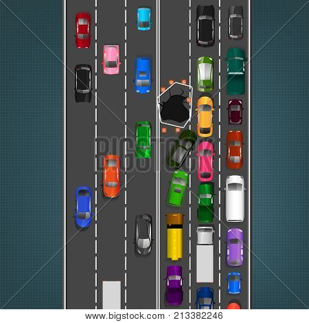 City traffic background with top view cars images. Editable vector illustration in modern flat style. Square layout useful for print, brochure, leaflet or poster design. Automotive collection.