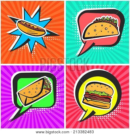 Bright retro comic speech bubbles with fast food symbols. Outline colorful taco burrito hamburger hot dog on cute cartoon bubbles with stripes and halftone background