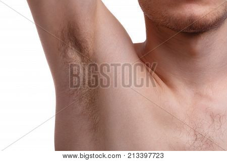 Male hairy armpit isolated on white background. The concept of hygiene, self-care.