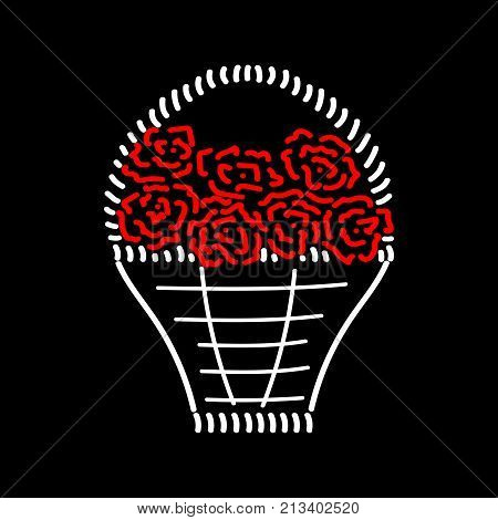 Basket with roses sign. Image of handmade weave. Color icon isolated on black background. Red seven roses in decorative wicker basket for gift. Logo for invitation. Stock vector illustration