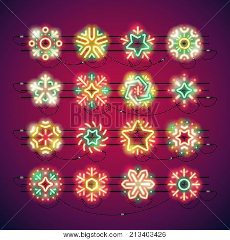 Set of colorful Christmas neon snowflakes makes it quick and easy to customize your holiday projects. Used neon vector brushes included.