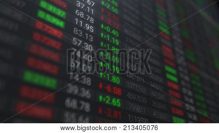 3d render Stock market chart or data on LED display. Various type of financial and investment products in Bond market. Data analyzing in forex market trading: the charts and summary info