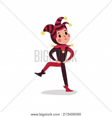 Joker flat cartoon character performing with leg up, arms akimbo. Boy clown in black and red costume, cap and bells. Jester or festival fool wear. Comedy artist performance. Vector isolated on white.