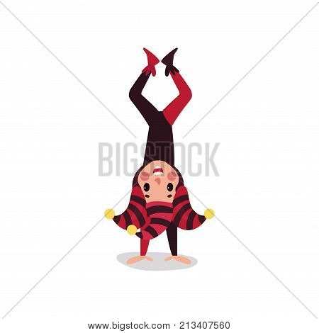 Cheerful joker flat character standing upside down. Boy jester in black and red costume, cap and bells. Traditional festival fool wear. Comedy artist, acrobatic performance. Vector isolated on white.