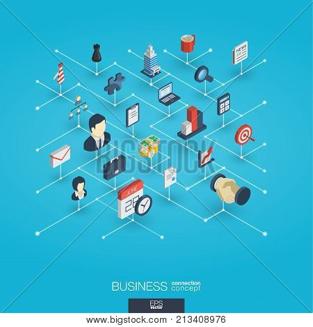 Business integrated 3d web icons. Digital network isometric interact concept. Connected graphic design dot and line system. Abstract background for market mission and strategy plan. Vector Infograph