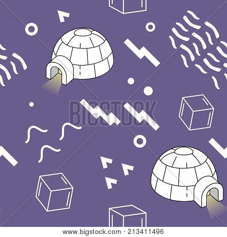 Vintage Memphis Style Geometric Fashion Seamless Pattern with Yurt. Abstract Shapes Background for Textile, Posters, Cards, Cover. Vector illustration