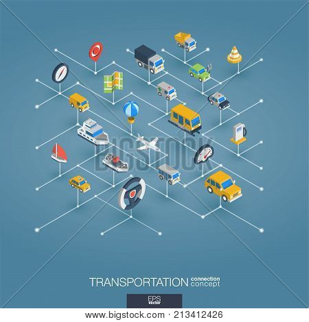Transportation integrated 3d web icons. Digital network isometric interact concept. Connected graphic design dot and line system. Abstract background for traffic, navigation service. Vector Infograph