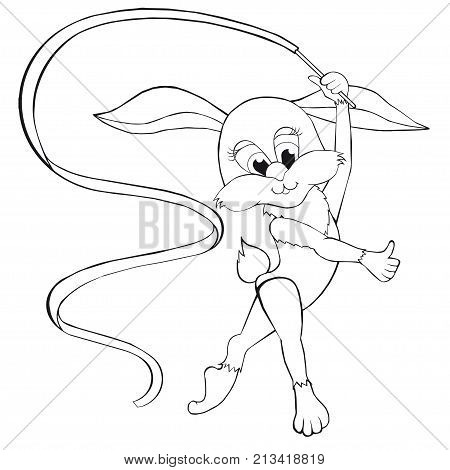 Coloring book  Hare and Rhythmic Gymnastics.  Cartoon style. Isolated image on white background. Clip art for children.