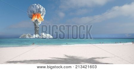 Nuclear explosion on an island in the ocean.