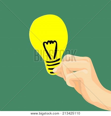 Hand holding light bulb Flat style modern idea innovation light bulb infographic concept. Conceptual web illustration of businessman hand holding lamp. Vector Illustration.