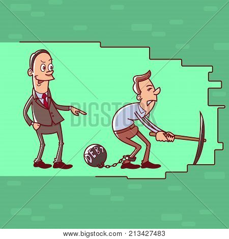 Depressed  man  with pickaxe chained  to a  debt weight. debt slavery concept