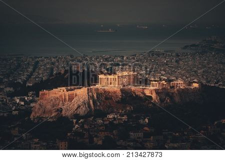 Athens skyline sunrise viewed from Mt Lykavitos with Acropolis, Greece.