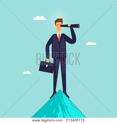Businessman at the top of a mountain looks into a telescope. Flat vector illustration in cartoon style.