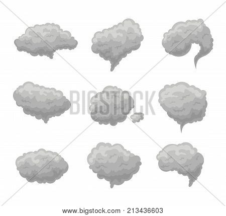 Cartoon Grey Smoke Fog Set on a White Background Weather or Atmosphere Effect Concept Flat Design Style. Vector illustration