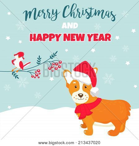 Holiday greeting card with cute corgi dog.