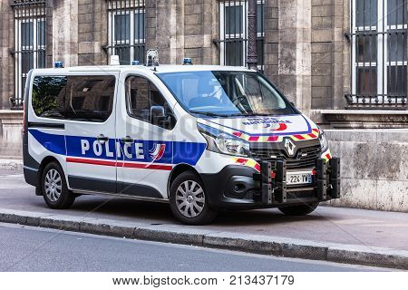 Paris France - July 03 2017: Renault truck of the Prefecture of Police of Paris on the Cite Island. The Paris Police Prefecture is the unit of the French National Police which provides the police force for the city of Paris.