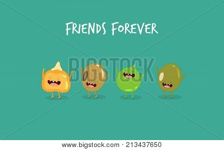 Vegan protein funny set of vector chatacters. Healsy food. vagalife