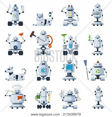 Home robots set. Domestic robot for automation household help with cooking, cleaning the house. Vector flat style cartoon illustration isolated on white background