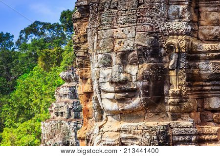 Angkor Cambodia. Face tower at the Bayon Temple.