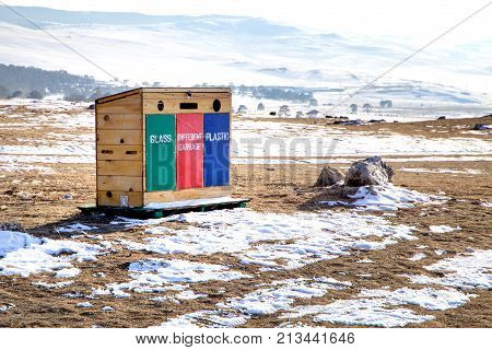 Waste separation outdoor garbage can in Lakke Baikal in Russia. Olkhon island