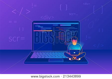 Man sitting on the big laptop and working. Gradient line vector illustration of young programmer coding a new project using computer on violet background with code symbols and signs