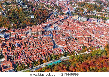 Brasov Romania. Arial view of the Black Church and the Old Town.