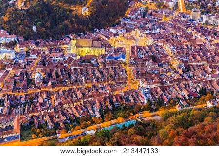 Brasov Romania. Arial view of the Black Church and the Old Town.