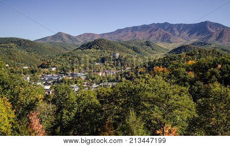 Overlook View Of Gatlinburg. View of the popular resort town of Gatlinburg Tennessee surrounded by the Great Smoky Mountains National Park.