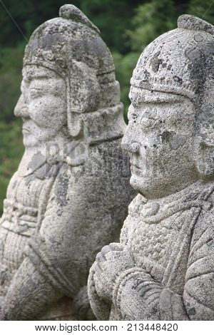 Stone statues of military officials, Tomb of King Kongmin (Konmin-van), Koryo Dynasty, 14th-century mausoleum, Haeson-ri, Kaesong City, North Korea (DPRK). UNESCO world heritage site