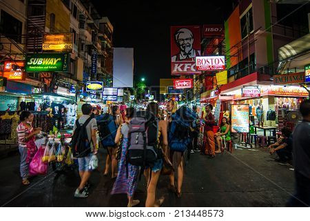 Bangkok Thailand - 28 Febuary 2015 - Tourist people enjoying Khao San Road Khao San road is a famous place for sight-seeing and enjoys eating in the night of Bangkok.